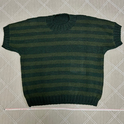 【新作】手編み　ニット　柄　半袖　濃緑　 2枚目の画像