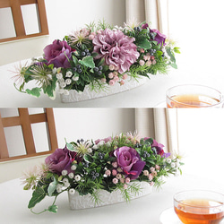バラ・ダリア・かすみ草入りパープルカラーのテーブルアレンジ　造花　cmtb005 2枚目の画像