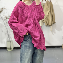 新作)ローズピンク 手編みセーターニット クルーネックニットセーター