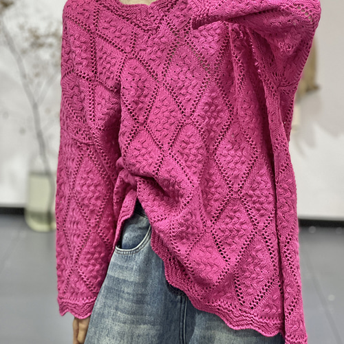 新作)ローズピンク 手編みセーターニット クルーネックニット
