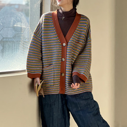 (新作)秋色.手編みセーターニット  ストライプニットコート カーディガン ゆったり 2枚目の画像