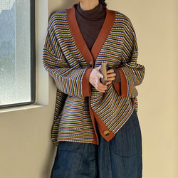(新作)秋色.手編みセーターニット  ストライプニットコート カーディガン ゆったり 3枚目の画像