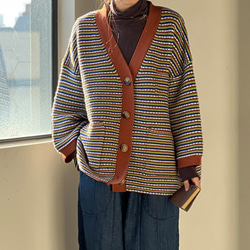 (新作)秋色.手編みセーターニット  ストライプニットコート カーディガン ゆったり 1枚目の画像