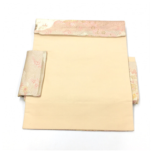 正絹 作り帯 二部式 二重太鼓 袋帯 金茶から若草色へ 四季折々の草花 ◇袋帯 作り帯◇ピンクゴールド 二重太鼓 正絹 二部式 付け帯 和装小物