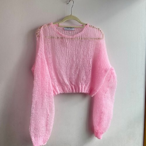 手編みシアーモヘアニット オーバーサイズ 短丈 長め袖 パステルピンク