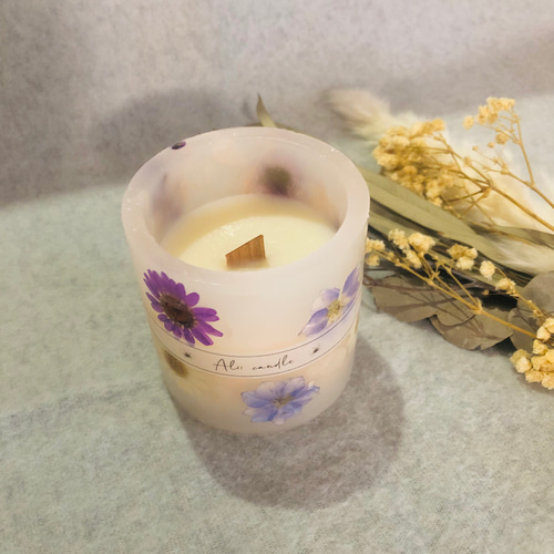 焚き火アロマソイキャンドル ボタニカルキャンドル 押花ランタン 木芯  