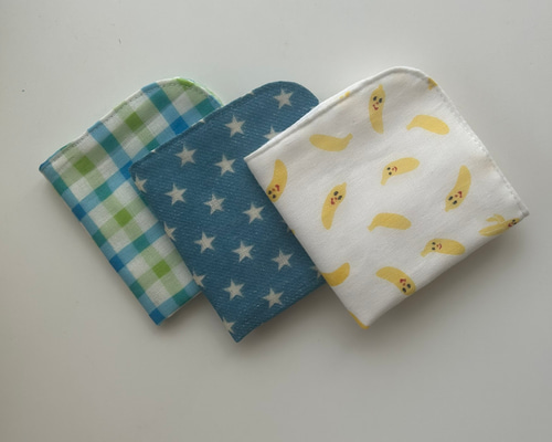 ハンドメイド 4重ガーゼハンカチ 3枚セット 子供用 ブルーグリーン