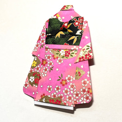 着物のポチ袋653 QUOカードサイズ　ピンク色　桜　扇面 5枚目の画像