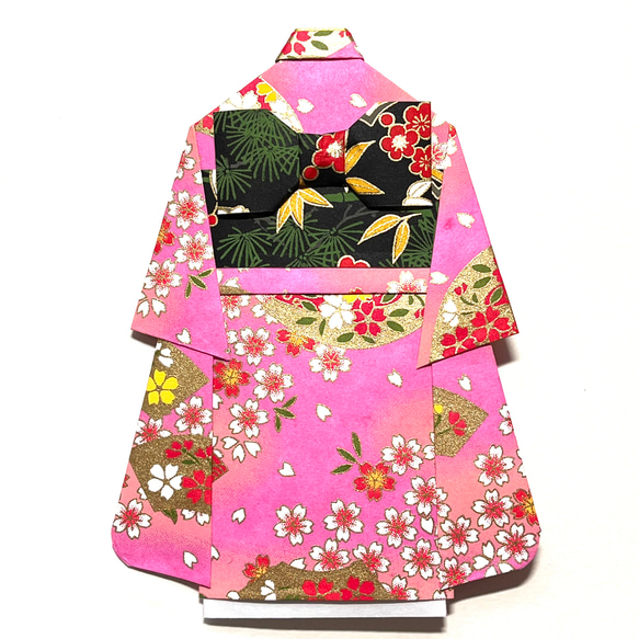 着物のポチ袋653 QUOカードサイズ　ピンク色　桜　扇面 4枚目の画像