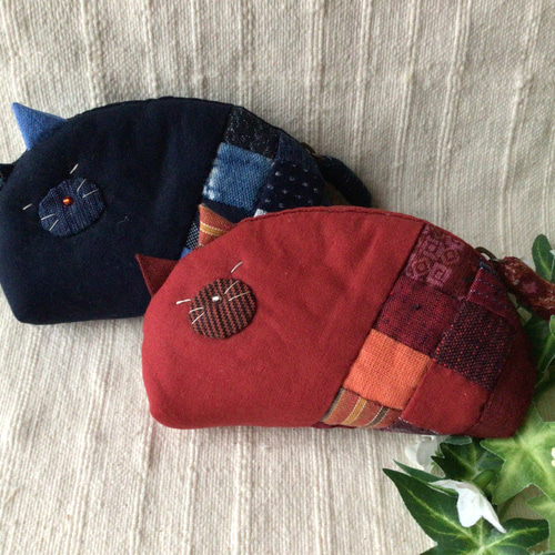 ちびねこポーチ＊和布パッチワーク＊受注制作 ポーチ ふんわり