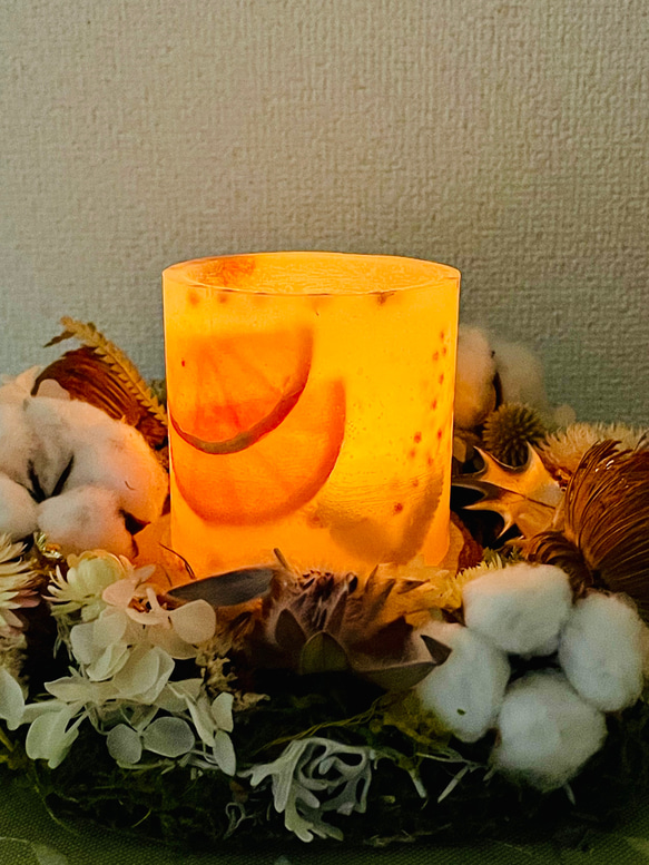 ボタニカルキャンドルホルダー＊orange/蜜蝋ティーカップキャンドル・LEDライト付 6枚目の画像