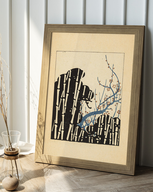 NO.527】竹林と梅の日本画アートポスター☆雪冬和柄植物浮世絵お正月和