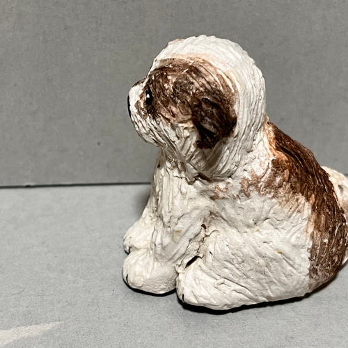 シーズ犬(茶色と白)(小)置物#3(石粉粘土と新聞紙) その他置物