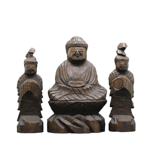 薬師三尊(13/15/14cm yn3zon4824) 仏像 円空仏 摸刻 木彫 彫刻 円空 