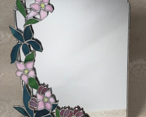 ピンクの薔薇の鏡　ステンドグラス 6cbb1cded3e3a26acc80b6c66cb373