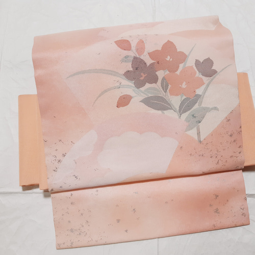 ワンタッチ帯 くらわん帯 正絹名古屋帯リメイク 桃色桔梗文様 作り帯  