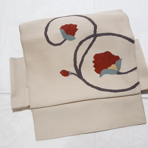 ワンタッチ帯 くらわん帯 正絹名古屋帯リメイク 織り花文様 作り帯  