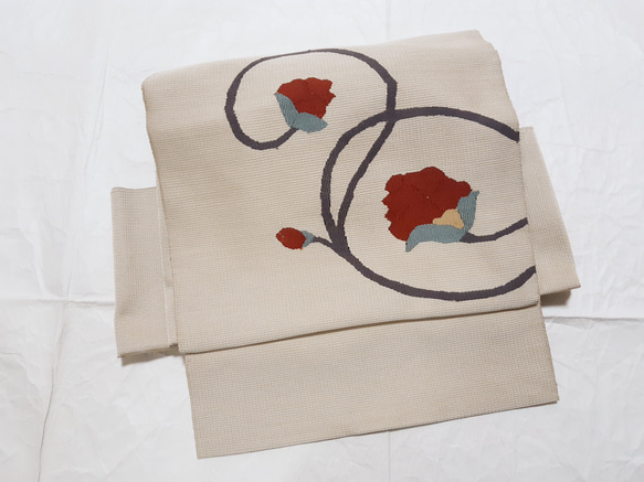 ワンタッチ帯　くらわん帯　正絹名古屋帯リメイク　織り花文様　作り帯　 1枚目の画像