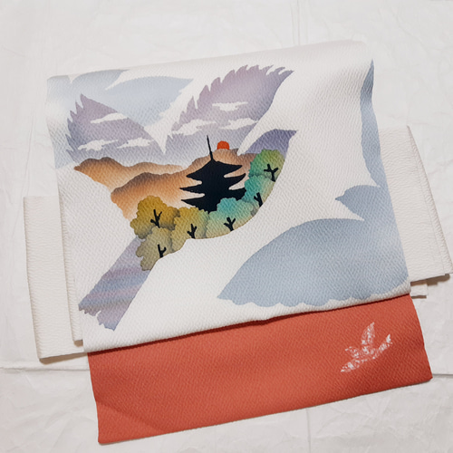 ワンタッチ帯 くらわん帯 正絹名古屋帯リメイク 鳥陰影山並三重の棟  