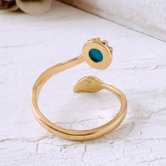 天然石ターコイズAAAゴールドベゼル＆リーフリング フリーサイズ(約9号〜17号位) turquoise ring 15枚目の画像