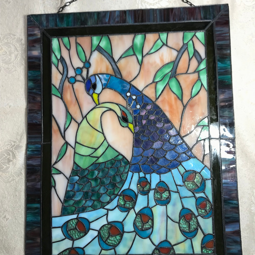 ステンドグラス 高級アートパネル インテリア壁掛け（Ap-73. 孔雀