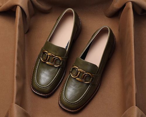 SHOEMAN LAU ローファー 革靴 オーストリッチ レザー フリンジ 緑 SHOEMAN LAU ローファー 革靴 オーストリッチ レザー フリンジ 緑