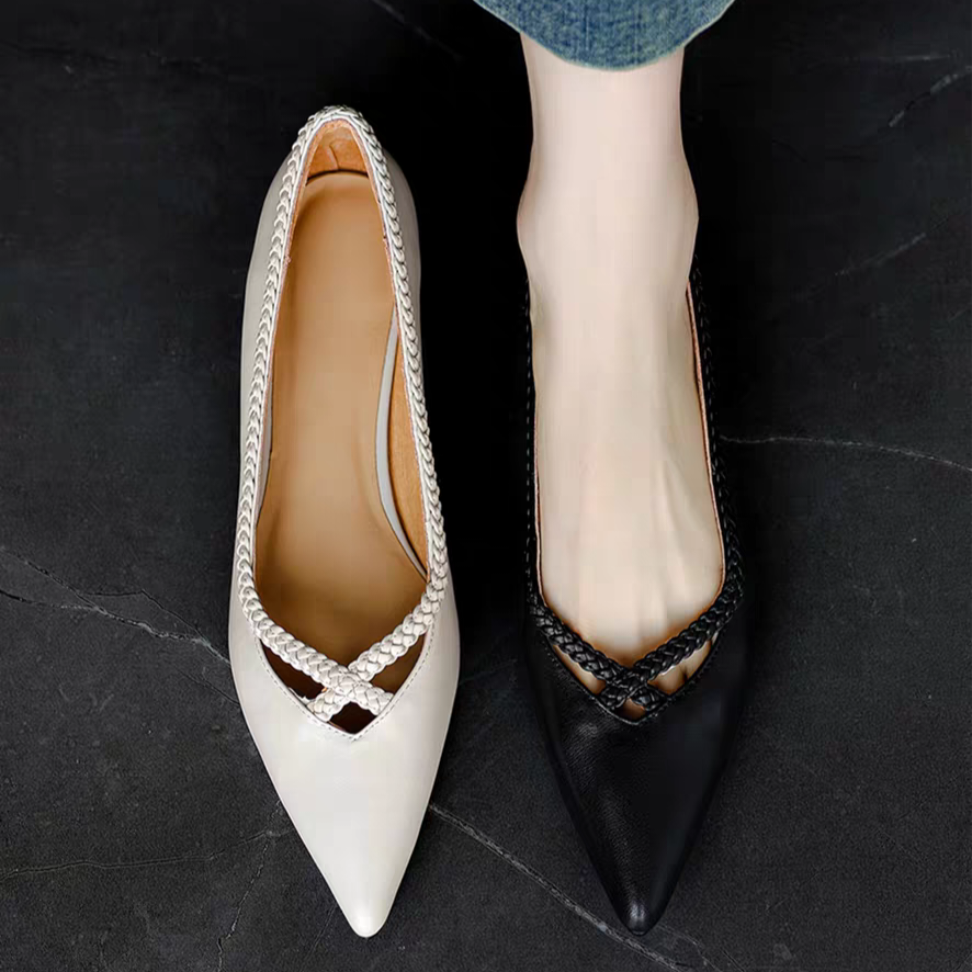 ポインテッドトゥ パンプス レディース靴 フラット フラットシューズ バレエシューズ 切り替え 天然皮革 本革 シューズ