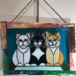 ステンドグラス　高級アートパネル　インテリア壁掛け（Ap-75. ３匹の猫） 3枚目の画像