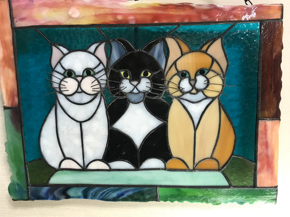 ステンドグラス　高級アートパネル　インテリア壁掛け（Ap-75. ３匹の猫） 7枚目の画像
