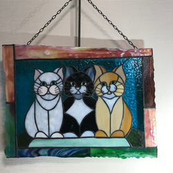 ステンドグラス　高級アートパネル　インテリア壁掛け（Ap-75. ３匹の猫） 4枚目の画像