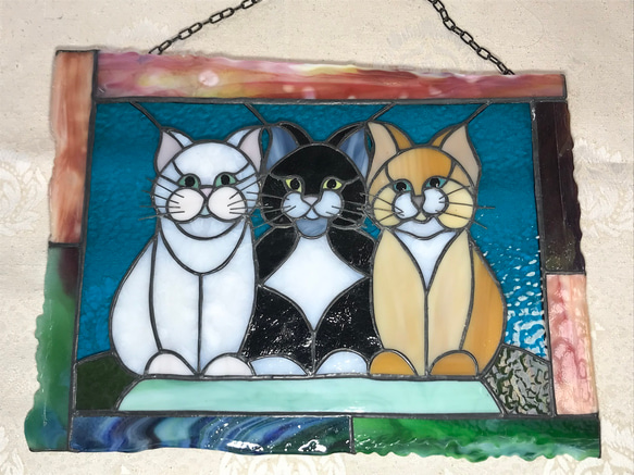 ステンドグラスパネル　オッドアイの猫 ステンドグラスパネル　オッドアイの猫