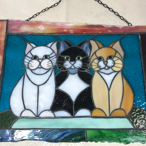 ステンドグラスパネル　　バラとネコ 送料無料》 ステンドグラス・パネル【黒猫とカーテン】 | ガラス