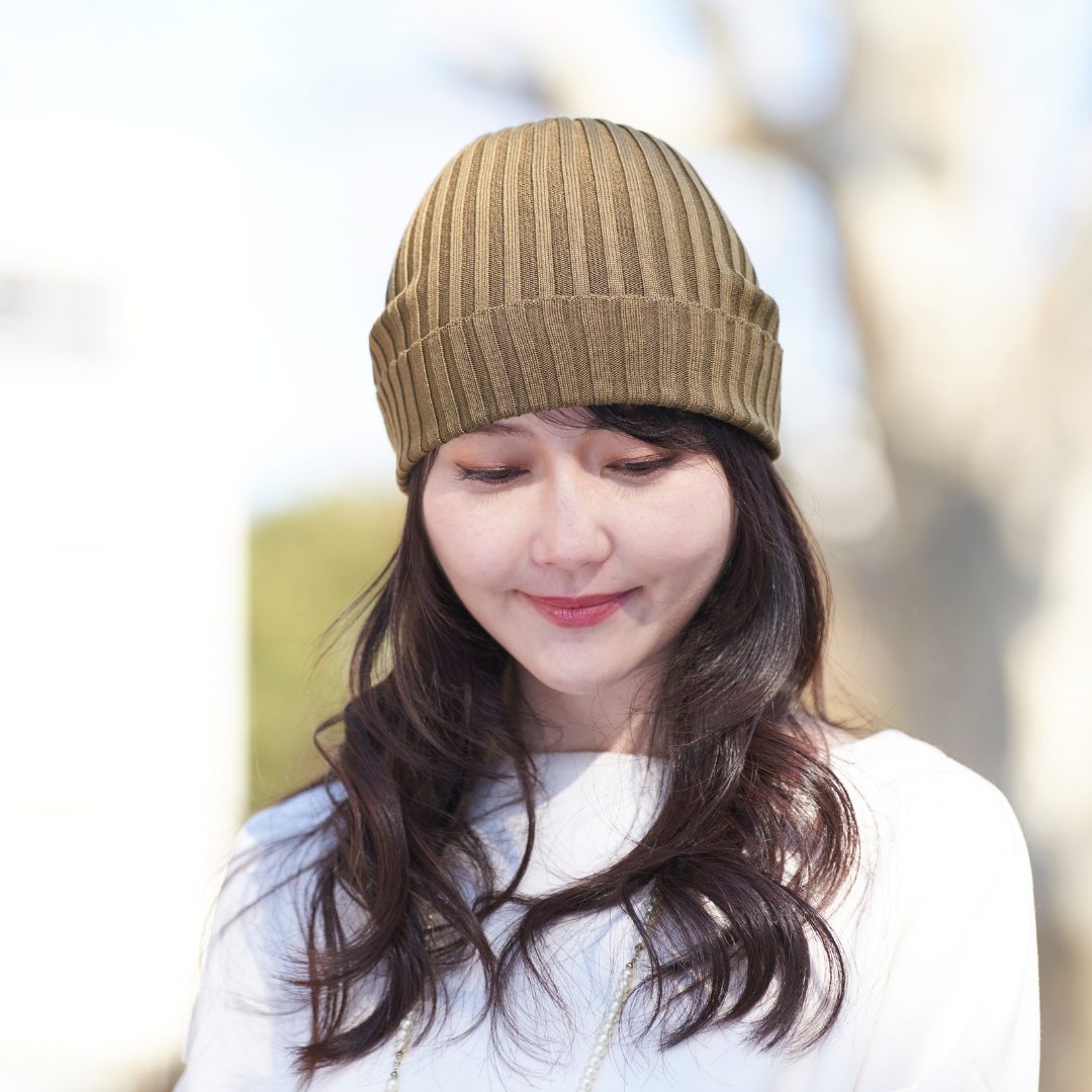 シルクヘアキャップ　ニット帽　国産 シルク 絹 100%  帽子　ぼうし ヘアケア 艶髪  カーキ　日本製