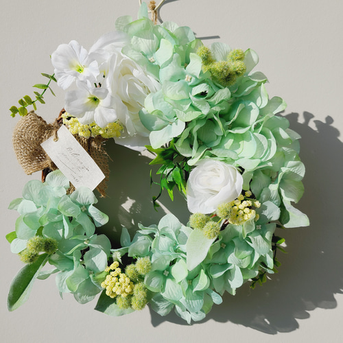 2024年春色 パステルカラーきみどり紫陽花FLOWERリース アーティ  