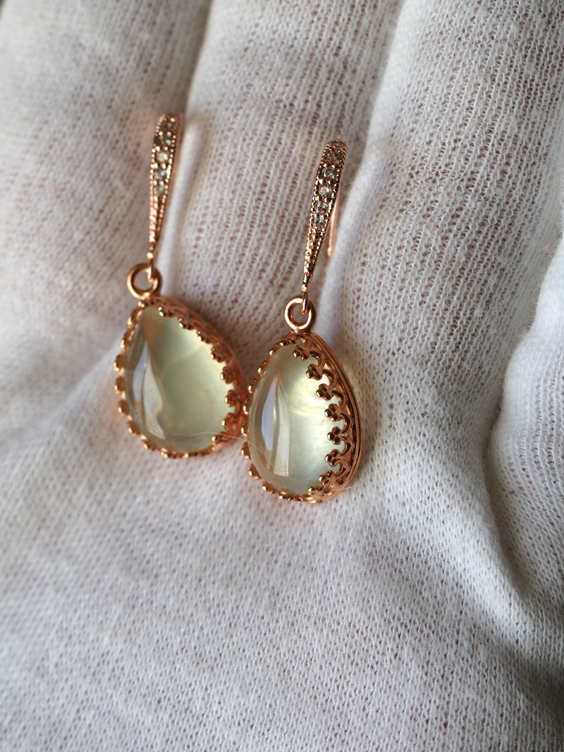 再販　プレナイト１４　ティアドロップ　K18RGP　Zc付きフックピアス（イヤリング変更可能）