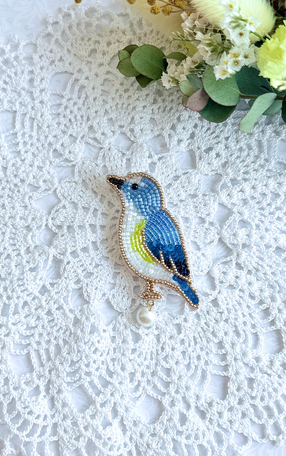 再制作】ビーズ刺繍のブローチ・ルリビタキ ブローチ Little Plum 通販