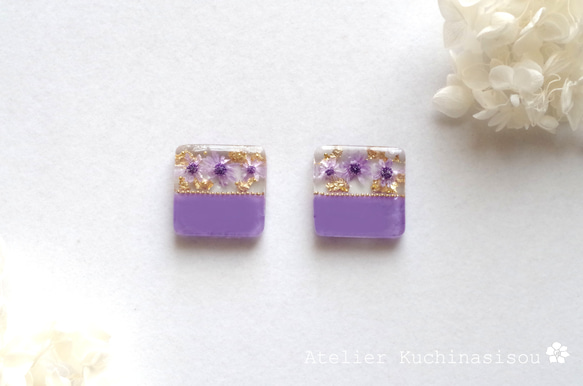 樹脂藝術雙色花朵耳環&lt;紫色&gt;（金色） 第2張的照片
