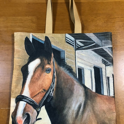 ハンドメイド ぺたんこBigトートバッグ 馬柄 厩舎にて 乗馬、競馬好き 