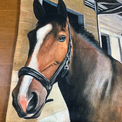 ハンドメイド ぺたんこBigトートバッグ 馬柄 厩舎にて 乗馬、競馬好き 