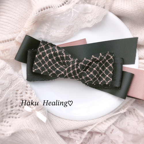 チェックリボン バイカラー バナナクリップ ポニーフック ヘアクリップ