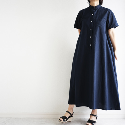 キリッと可愛い❤︎スタンドカラーワンピース 半袖 ネイビー No.283