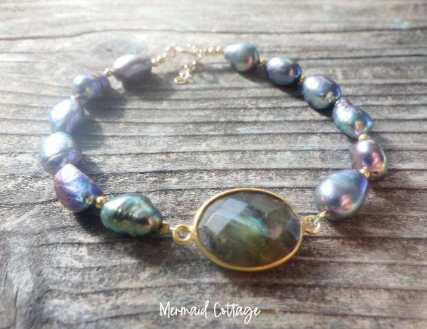 *14kGF*大粒ラブラドライトの淡水パールブレスレット　Flesh Pearl