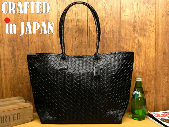 Ⅼサイズ☆ハンドメイド黒メッシュ柄レザーのトートバッグ！牛革日本製