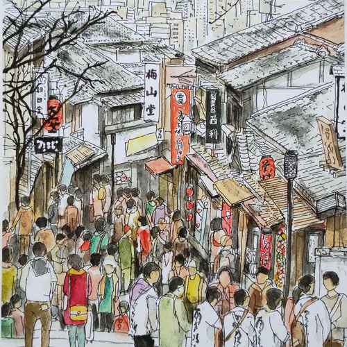A4サイズ「 京都 清水のにぎわい」 京の水彩画工房 絵画 京の