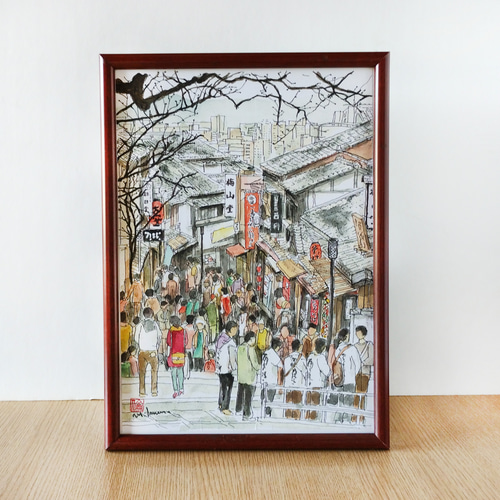 A4サイズ「 京都 清水のにぎわい」 京の水彩画工房 絵画 京の