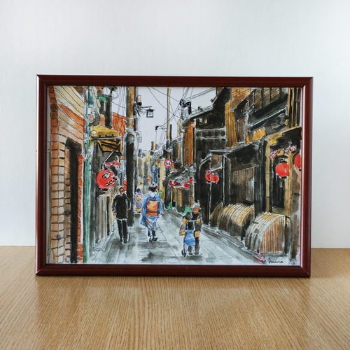 A4サイズ「 京町屋と舞妓さん」 京の水彩画工房 絵画 京の水彩画