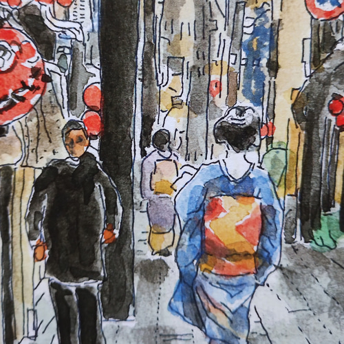 A4サイズ「 京町屋と舞妓さん」 京の水彩画工房 絵画 京の水彩画