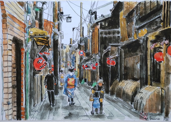 A4サイズ「 京町屋と舞妓さん」　京の水彩画工房 4枚目の画像