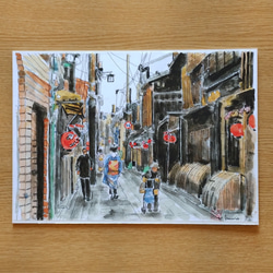 A4サイズ「 京町屋と舞妓さん」　京の水彩画工房 1枚目の画像