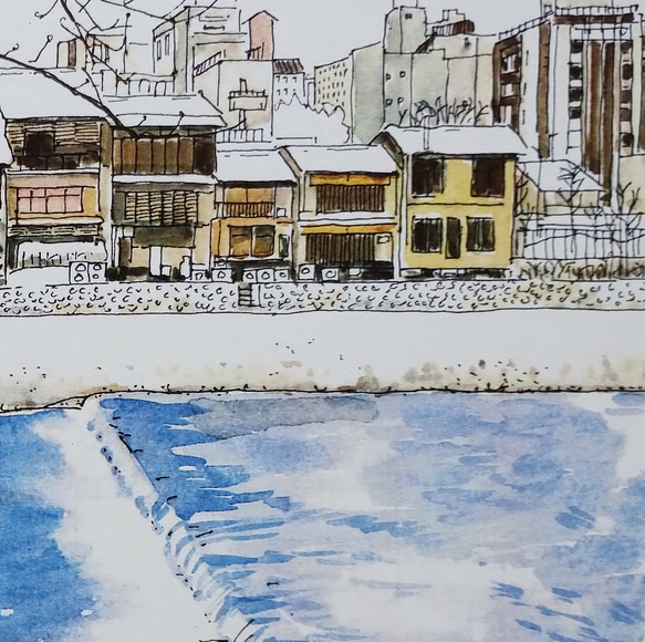 A4サイズ「 京都　雪の鴨川」　京の水彩画工房 5枚目の画像